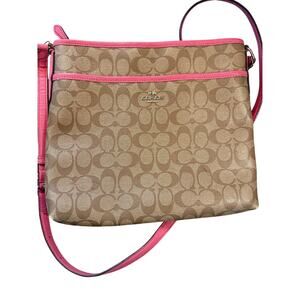 Coach Signature File Bag Crossbody Khaki with Pink Leather Trim